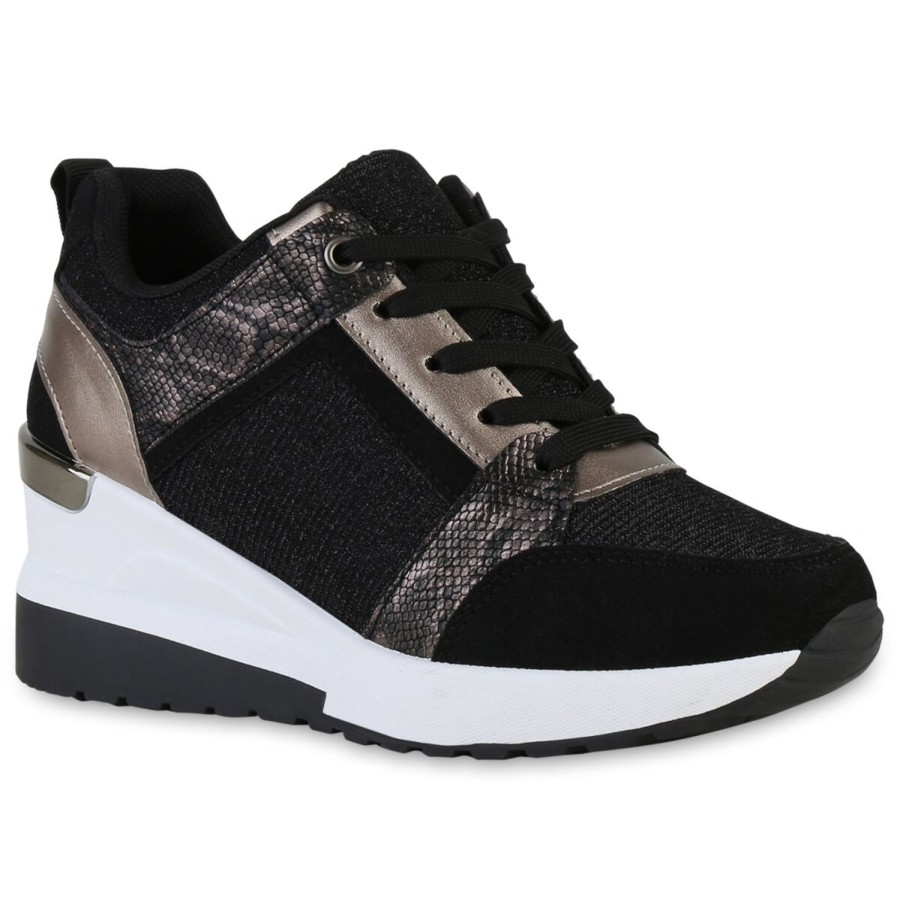 Damenschuhe Stiefelparadies | Damen Sneaker Wedges In Schwarz Bronze Metallic Snake