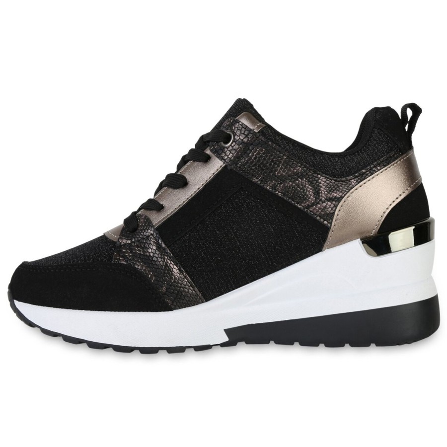 Damenschuhe Stiefelparadies | Damen Sneaker Wedges In Schwarz Bronze Metallic Snake