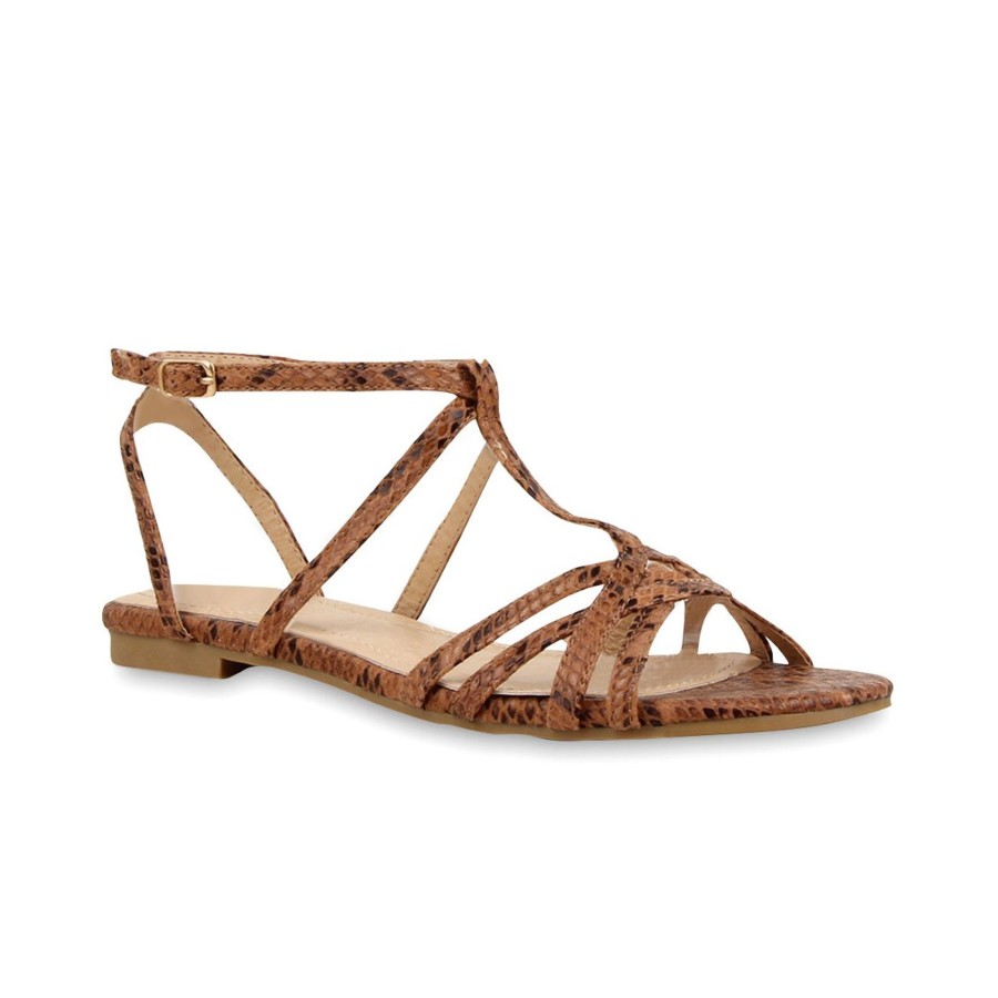 Damenschuhe Stiefelparadies | Damen Riemchensandalen In Braun Snake