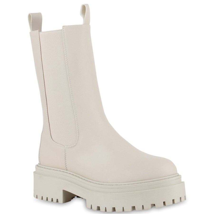 Damenschuhe Stiefelparadies | Damen Plateaustiefel In Beige