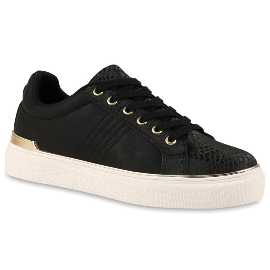 Damenschuhe Stiefelparadies | Damen Sneaker Low In Schwarz Gold Snake