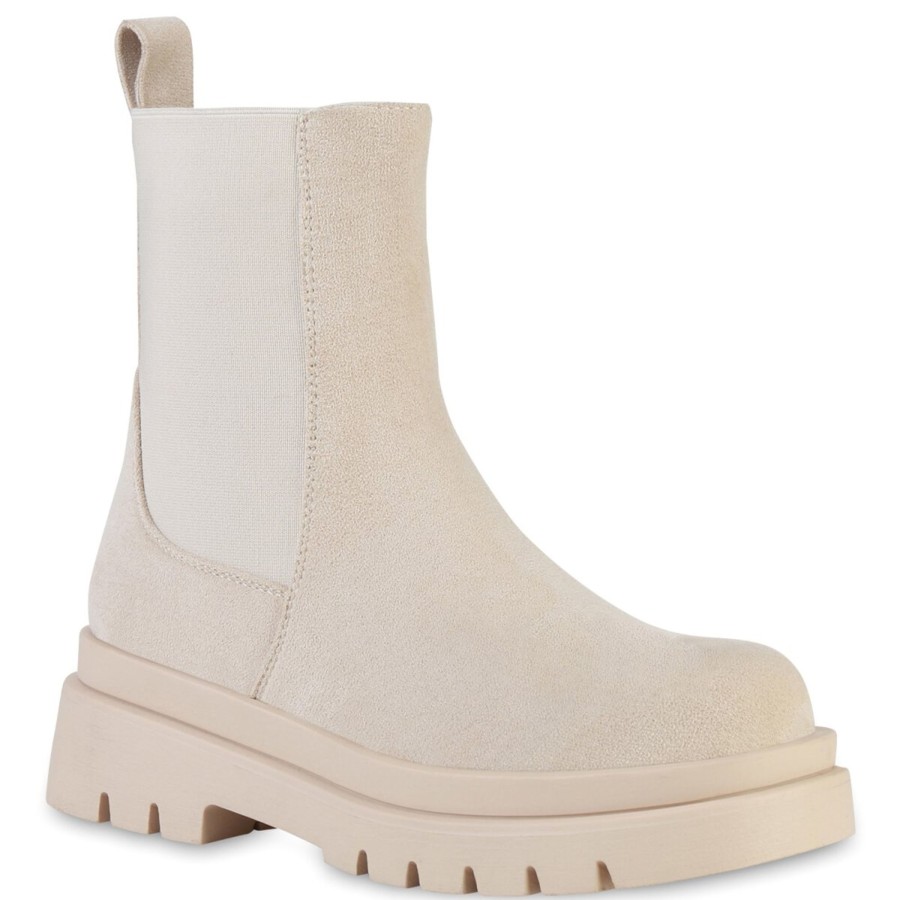 Damenschuhe Stiefelparadies | Damen Plateau Boots In Beige Velours