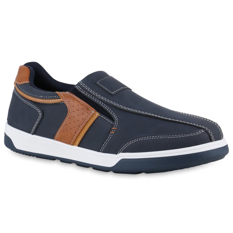 Herrenschuhe Stiefelparadies | Herren Slip Ons In Dunkelblau Hellbraun