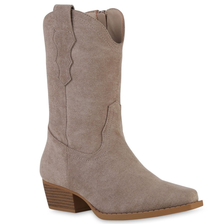 Damenschuhe Stiefelparadies | Damen Cowboy Boots In Taupe