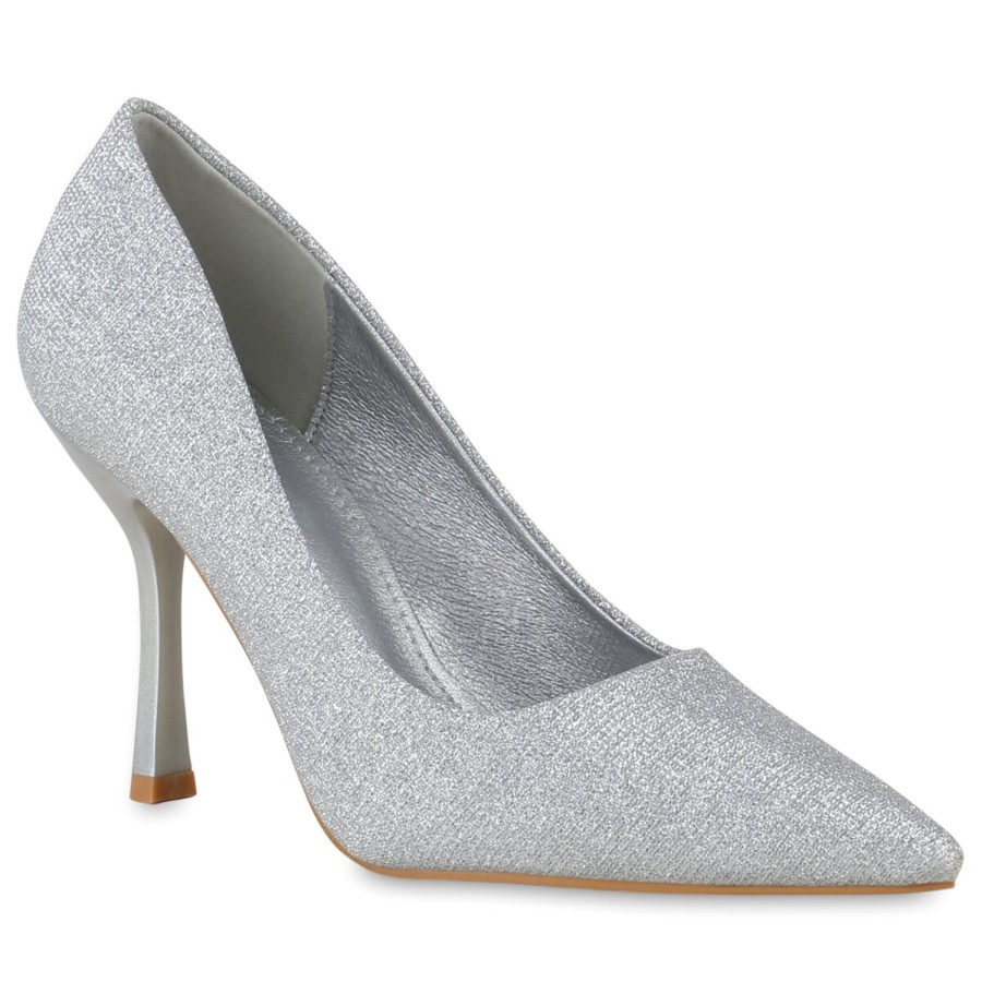 Damenschuhe Stiefelparadies | Damen Spitze Pumps In Silber