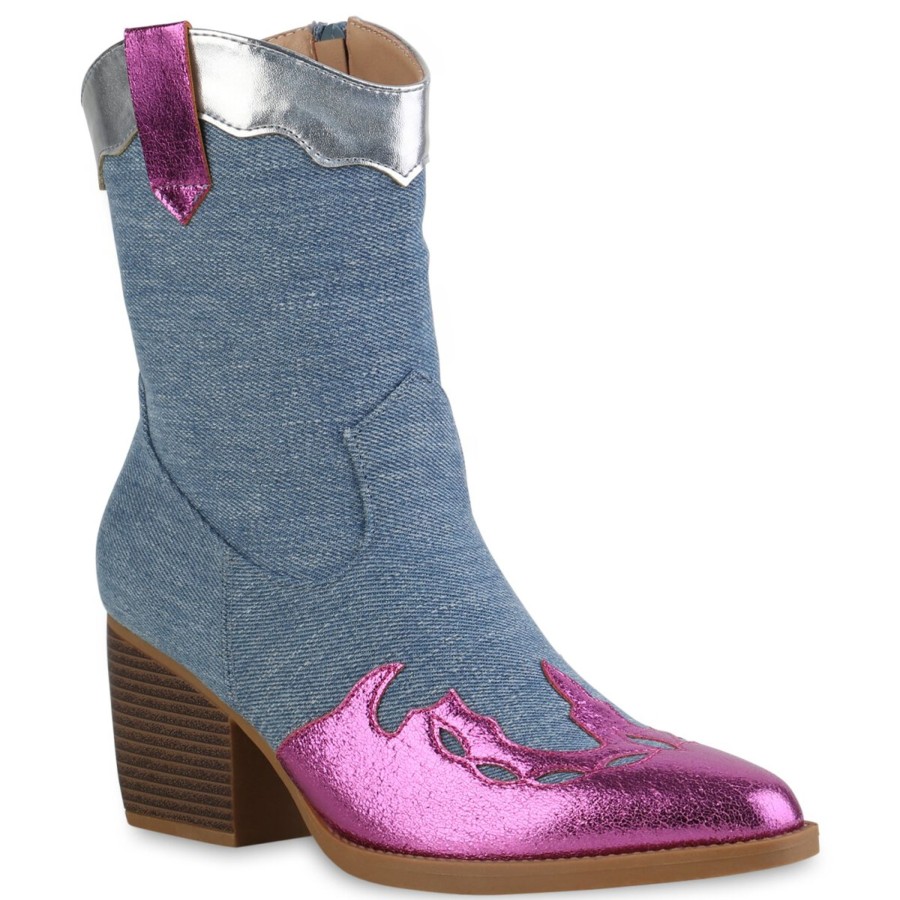 Damenschuhe Stiefelparadies | Damen Cowboy Boots In Blau Pink Mettalic