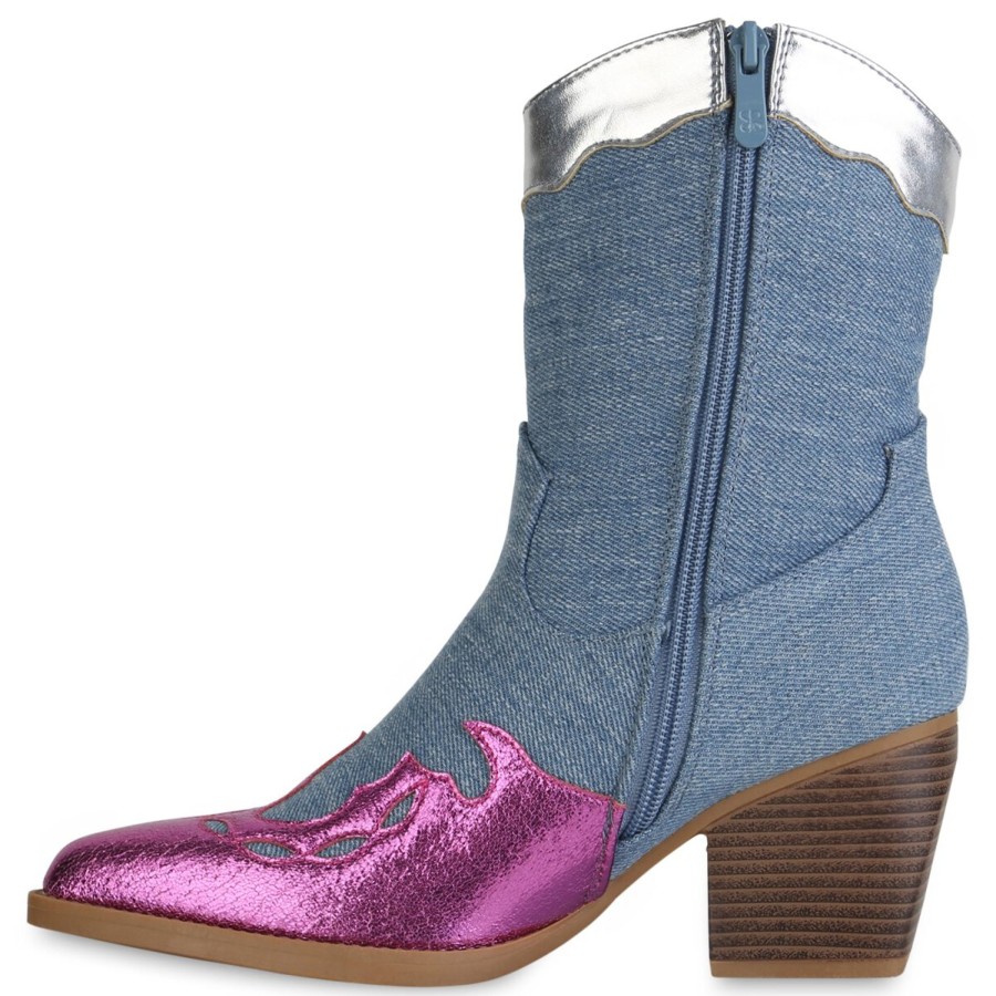 Damenschuhe Stiefelparadies | Damen Cowboy Boots In Blau Pink Mettalic