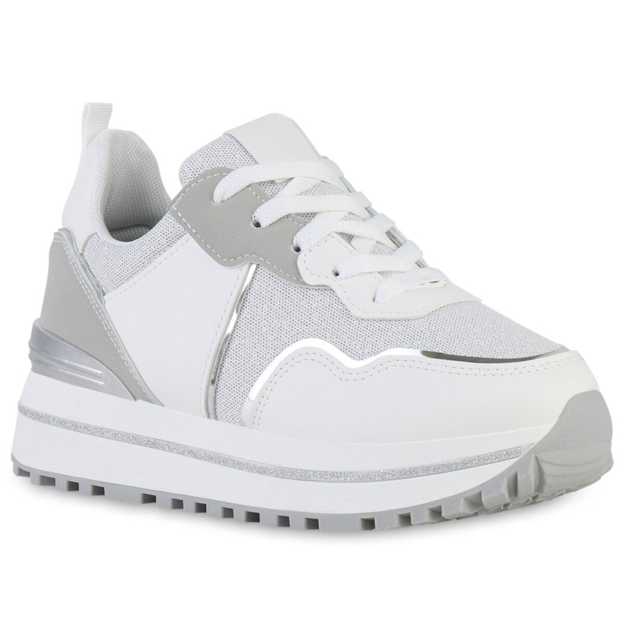 Damenschuhe Stiefelparadies | Damen Plateau Sneaker In Weiss Silber Metallic