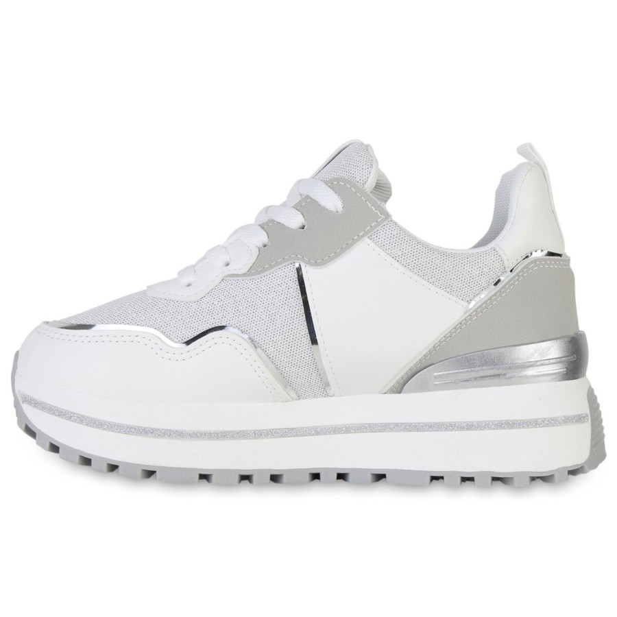 Damenschuhe Stiefelparadies | Damen Plateau Sneaker In Weiss Silber Metallic