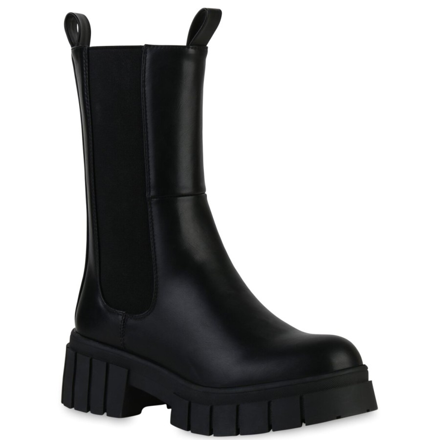 Damenschuhe Stiefelparadies | Damen Plateaustiefel In Schwarz