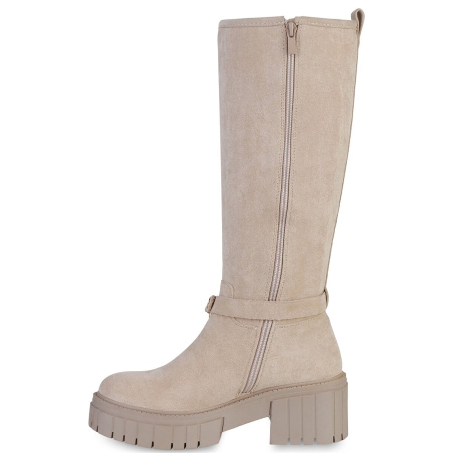 Damenschuhe Stiefelparadies | Damen Plateaustiefel In Beige Velours