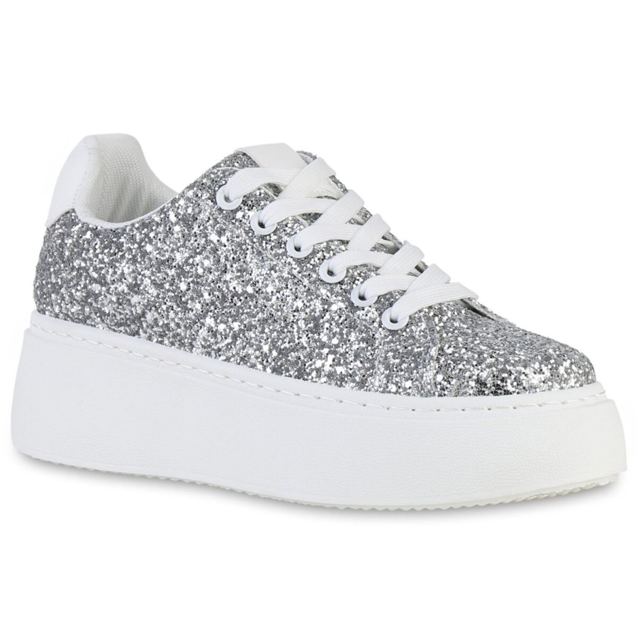 Damenschuhe Stiefelparadies | Damen Plateau Sneaker In Silber