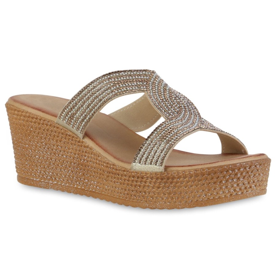 Damenschuhe Stiefelparadies | Damen Plateau Sandaletten In Gold