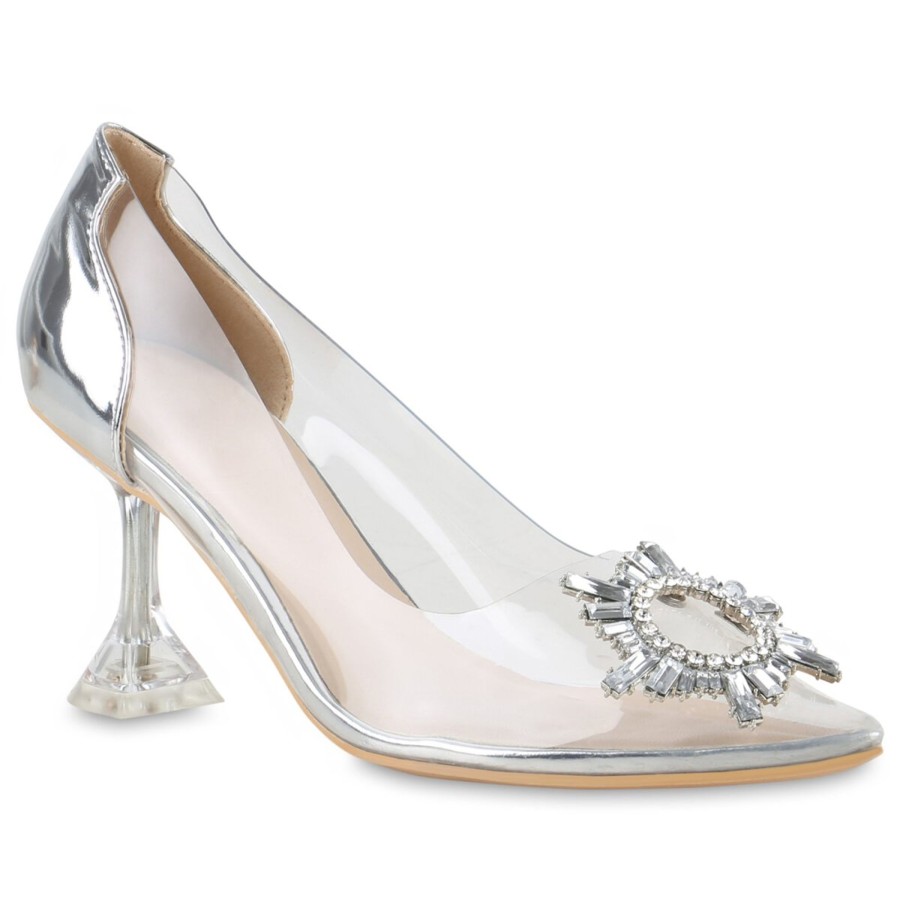 Damenschuhe Stiefelparadies | Damen Spitze Pumps In Silber