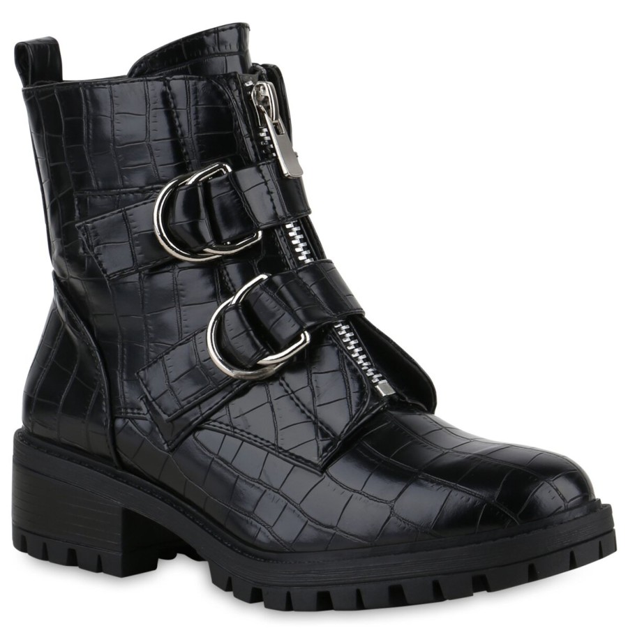 Damenschuhe Stiefelparadies | Damen Biker Boots In Schwarz Kroko