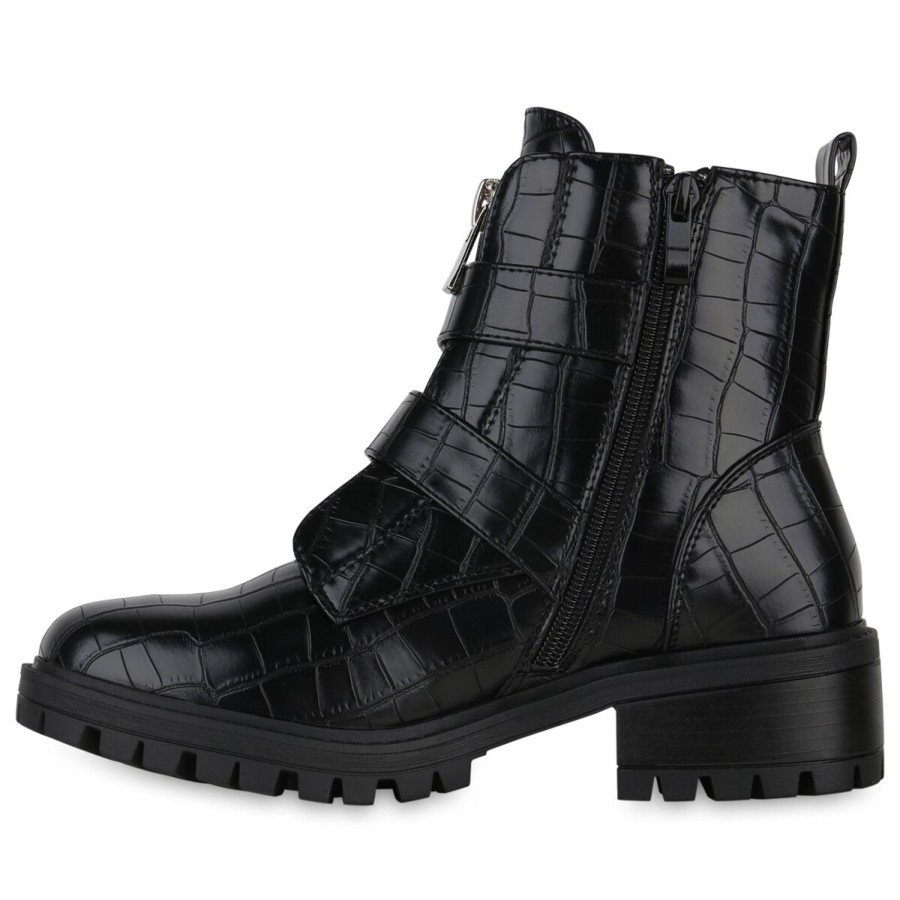 Damenschuhe Stiefelparadies | Damen Biker Boots In Schwarz Kroko