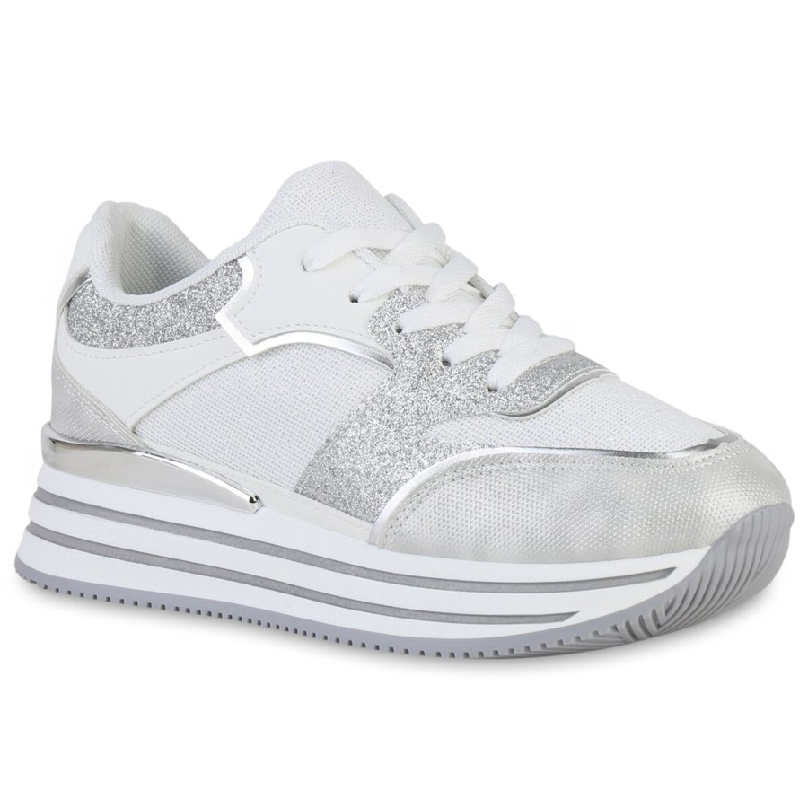 Damenschuhe Stiefelparadies | Damen Plateau Sneaker In Weiss Silber Metallic