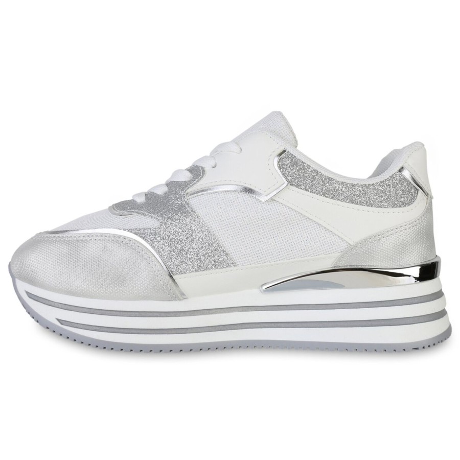 Damenschuhe Stiefelparadies | Damen Plateau Sneaker In Weiss Silber Metallic