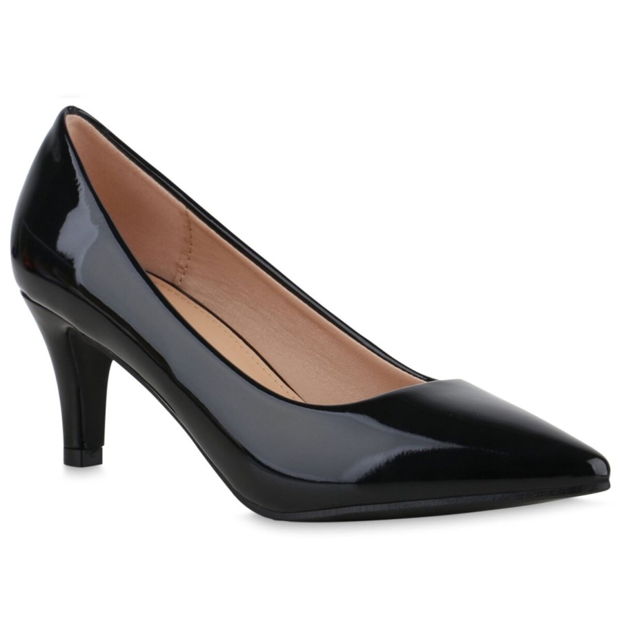 Damenschuhe Stiefelparadies | Damen Spitze Pumps In Schwarz Lack