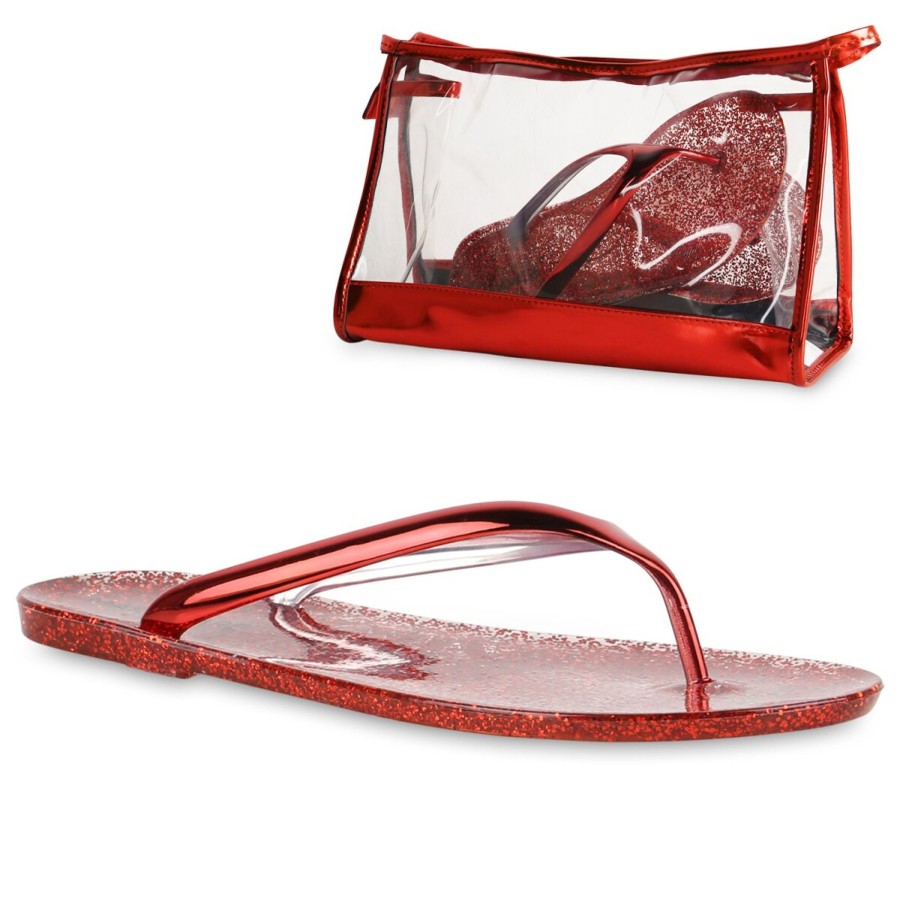 Damenschuhe Stiefelparadies | Damen Zehentrenner In Rot Metallic