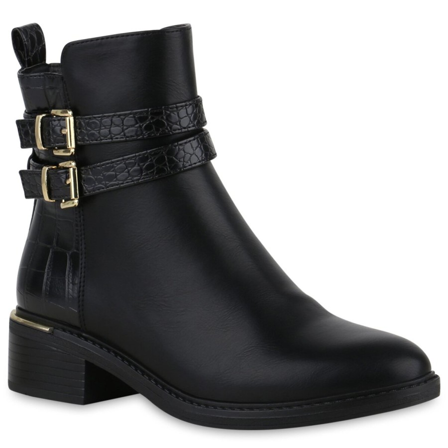 Damenschuhe Stiefelparadies | Damen Biker Boots In Schwarz Kroko