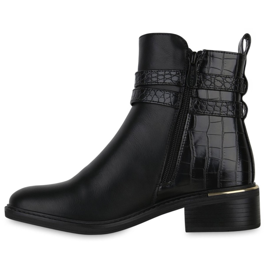 Damenschuhe Stiefelparadies | Damen Biker Boots In Schwarz Kroko