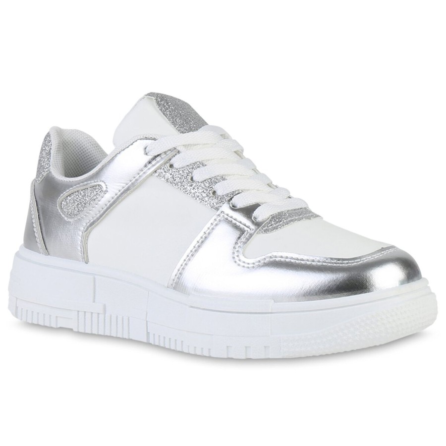 Damenschuhe Stiefelparadies | Damen Plateau Sneaker In Weiss Silber