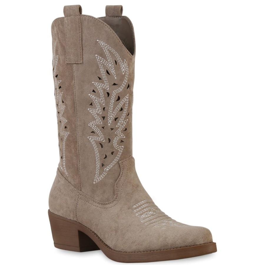 Damenschuhe Stiefelparadies | Damen Cowboystiefel In Khaki Velours