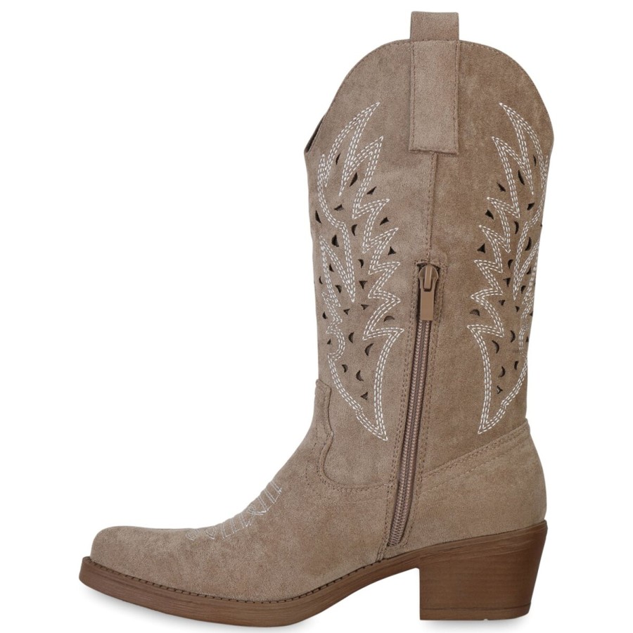 Damenschuhe Stiefelparadies | Damen Cowboystiefel In Khaki Velours