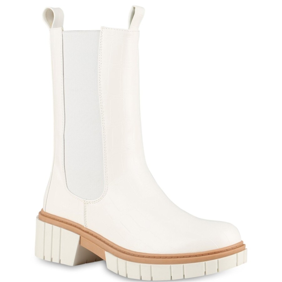 Damenschuhe Stiefelparadies | Damen Plateaustiefel In Weiss Kroko