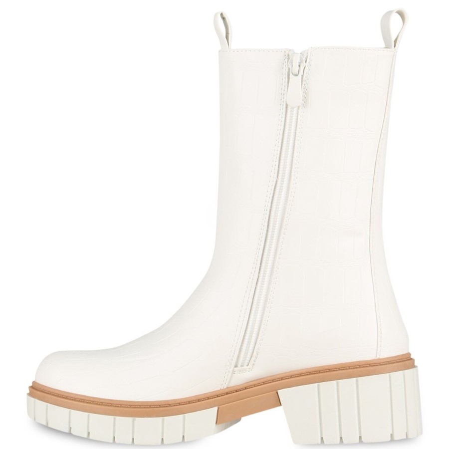 Damenschuhe Stiefelparadies | Damen Plateaustiefel In Weiss Kroko