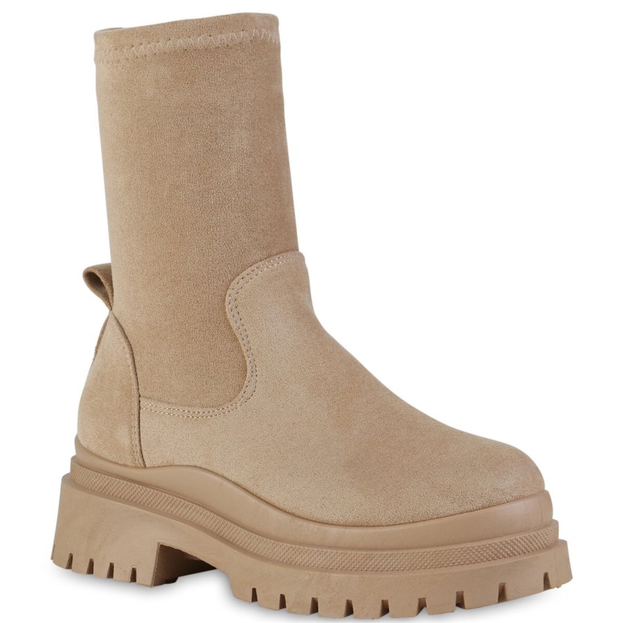 Damenschuhe Stiefelparadies | Damen Plateau Boots In Beige Velours