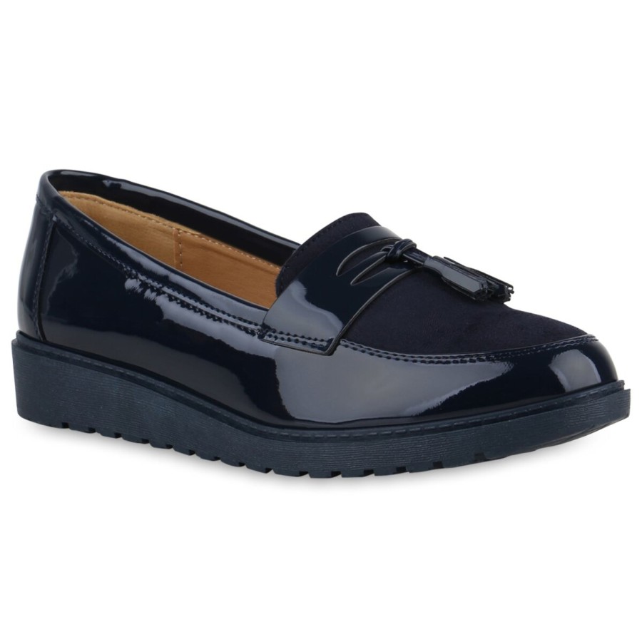 Damenschuhe Stiefelparadies | Damen Loafers In Dunkelblau Lack