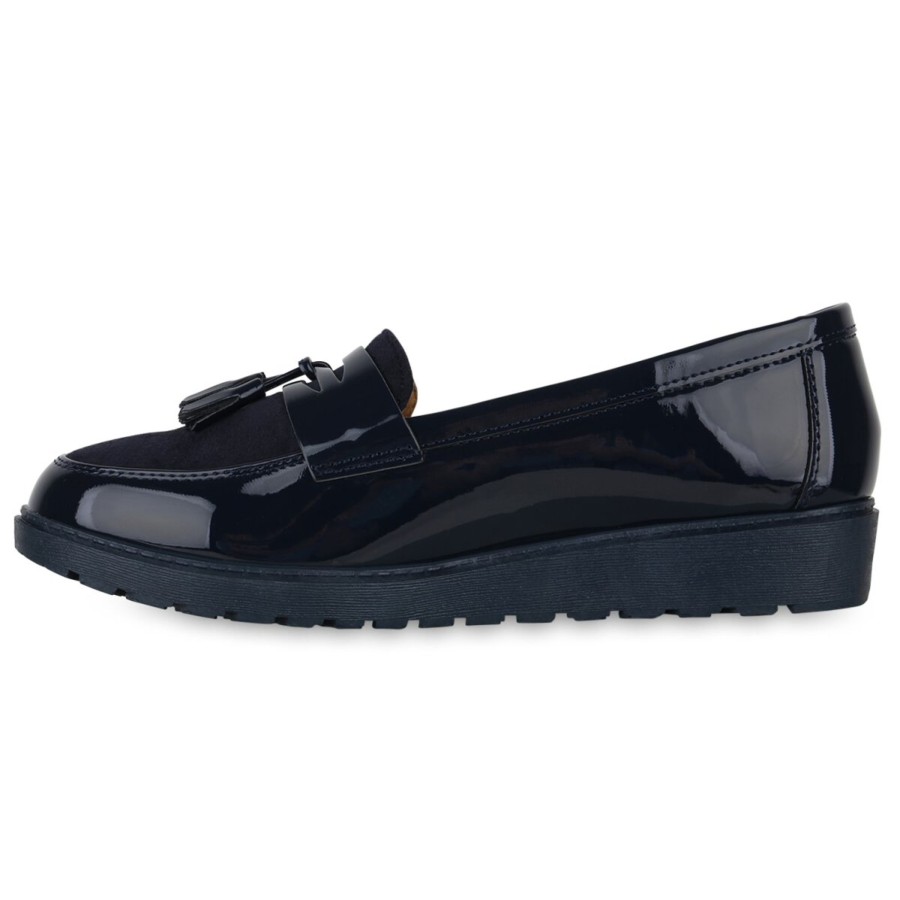 Damenschuhe Stiefelparadies | Damen Loafers In Dunkelblau Lack