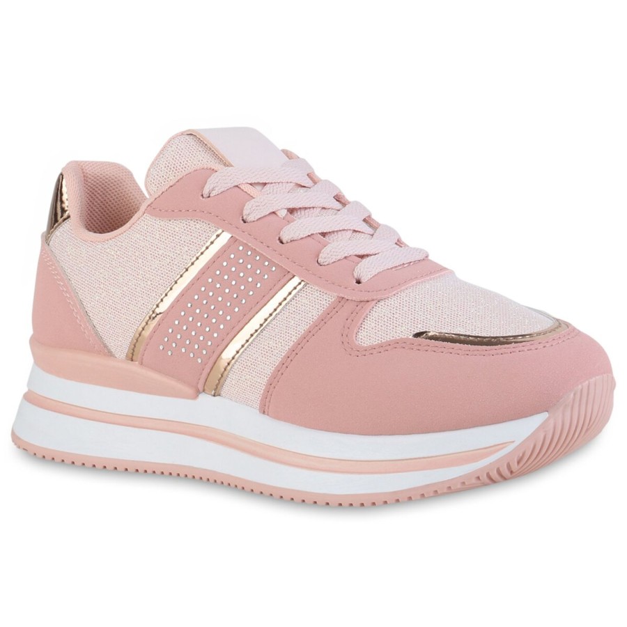 Damenschuhe Stiefelparadies | Damen Plateau Sneaker In Rosa Rose Gold Metallic