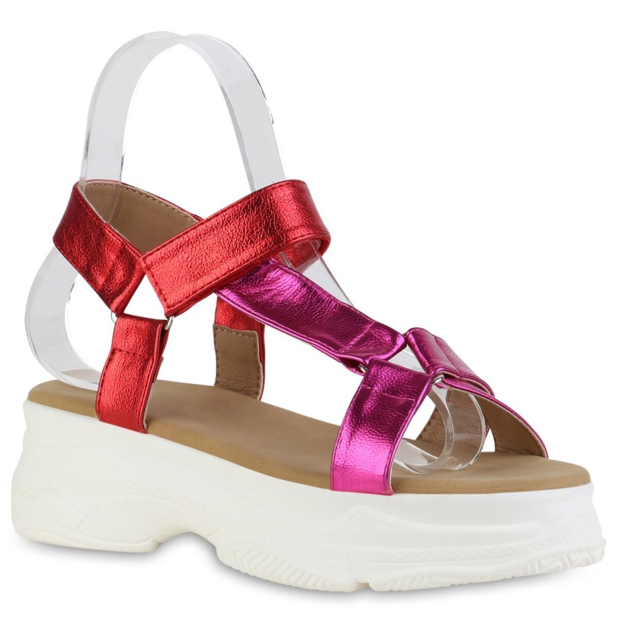 Damenschuhe Stiefelparadies | Damen Plateau Sandaletten In Fuchsia Rot Metallic