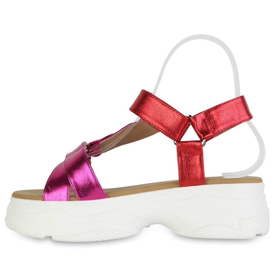 Damenschuhe Stiefelparadies | Damen Plateau Sandaletten In Fuchsia Rot Metallic