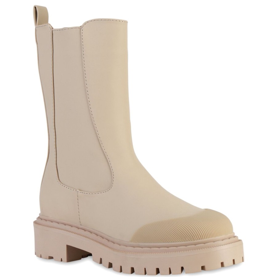 Damenschuhe Stiefelparadies | Damen Plateaustiefel In Beige