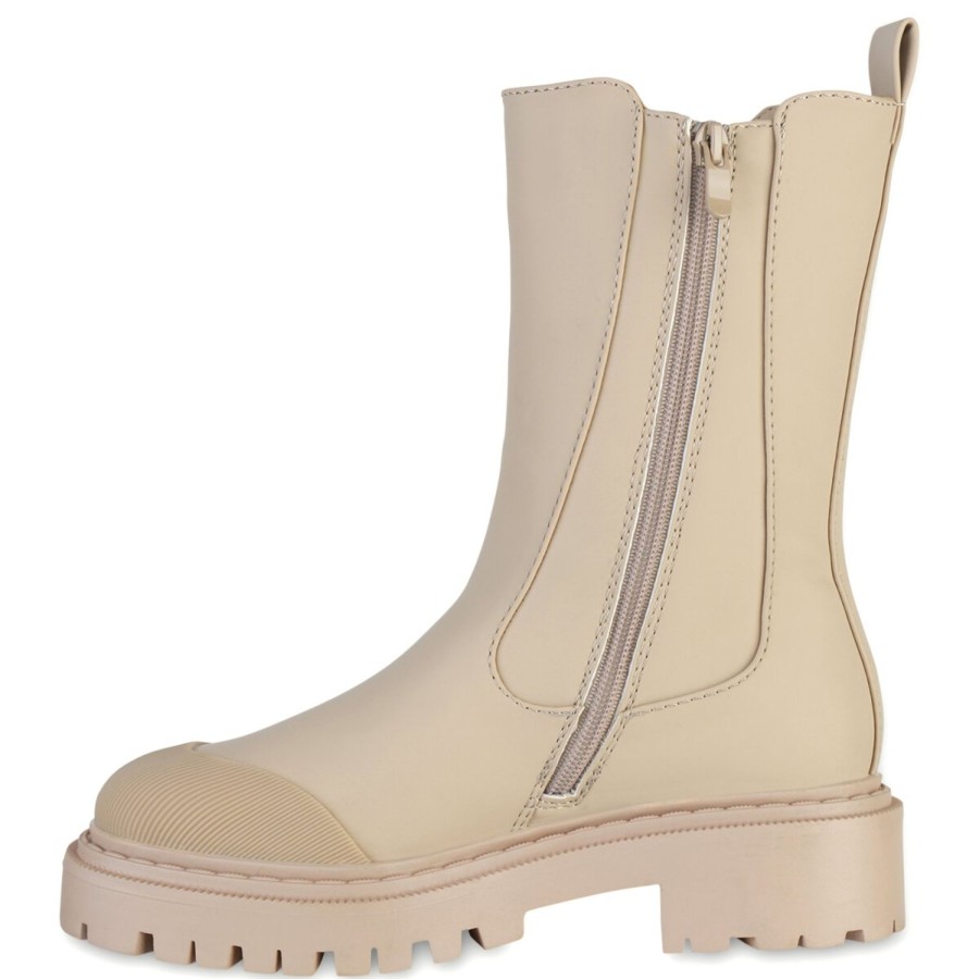 Damenschuhe Stiefelparadies | Damen Plateaustiefel In Beige