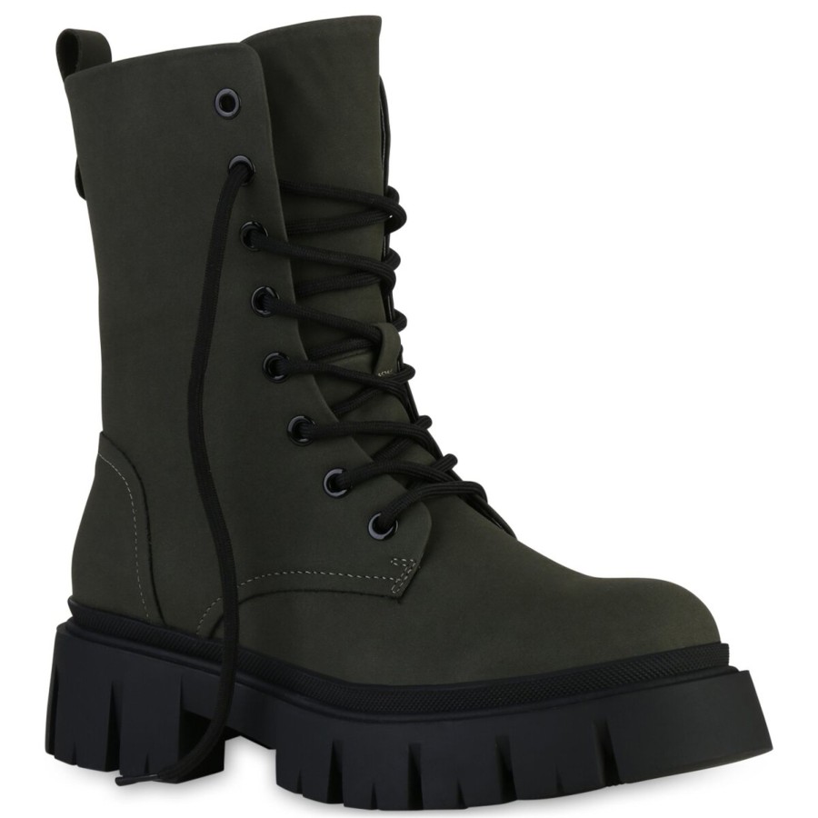 Damenschuhe Stiefelparadies | Damen Plateau Boots In Olivgrun