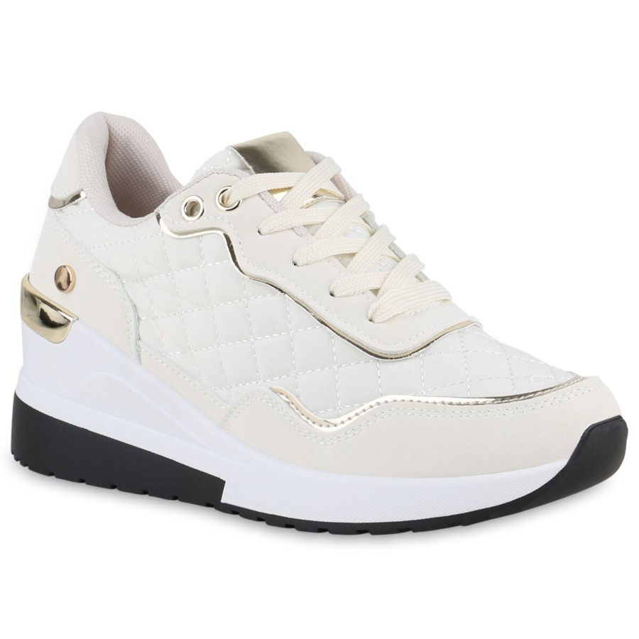 Damenschuhe Stiefelparadies | Damen Sneaker Wedges In Creme Gold Metallic