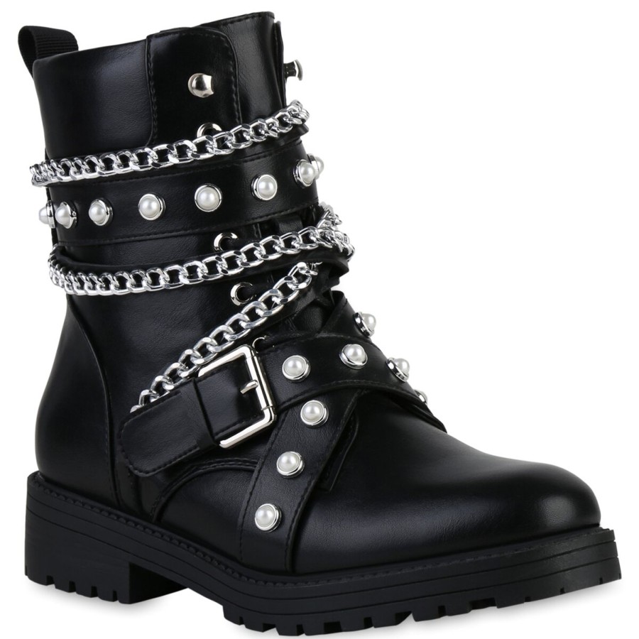 Damenschuhe Stiefelparadies | Damen Biker Boots In Schwarz