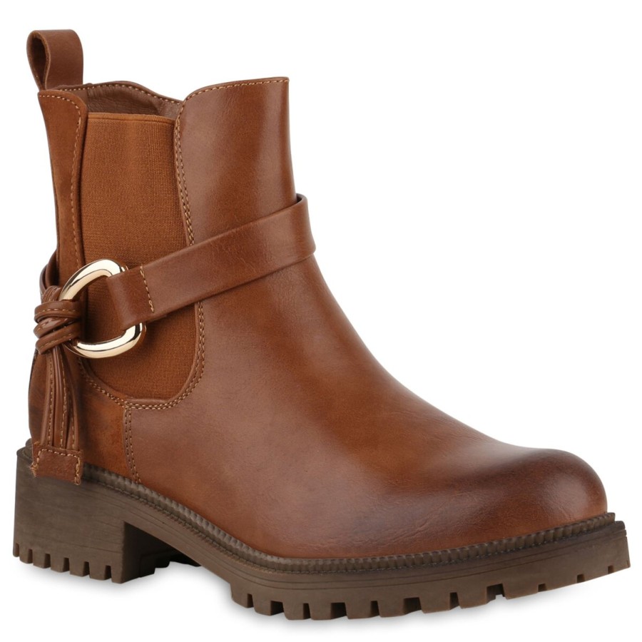 Damenschuhe Stiefelparadies | Damen Biker Boots In Hellbraun