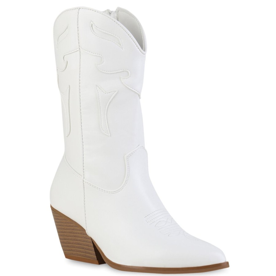 Damenschuhe Stiefelparadies | Damen Cowboy Boots In Weiss Velours