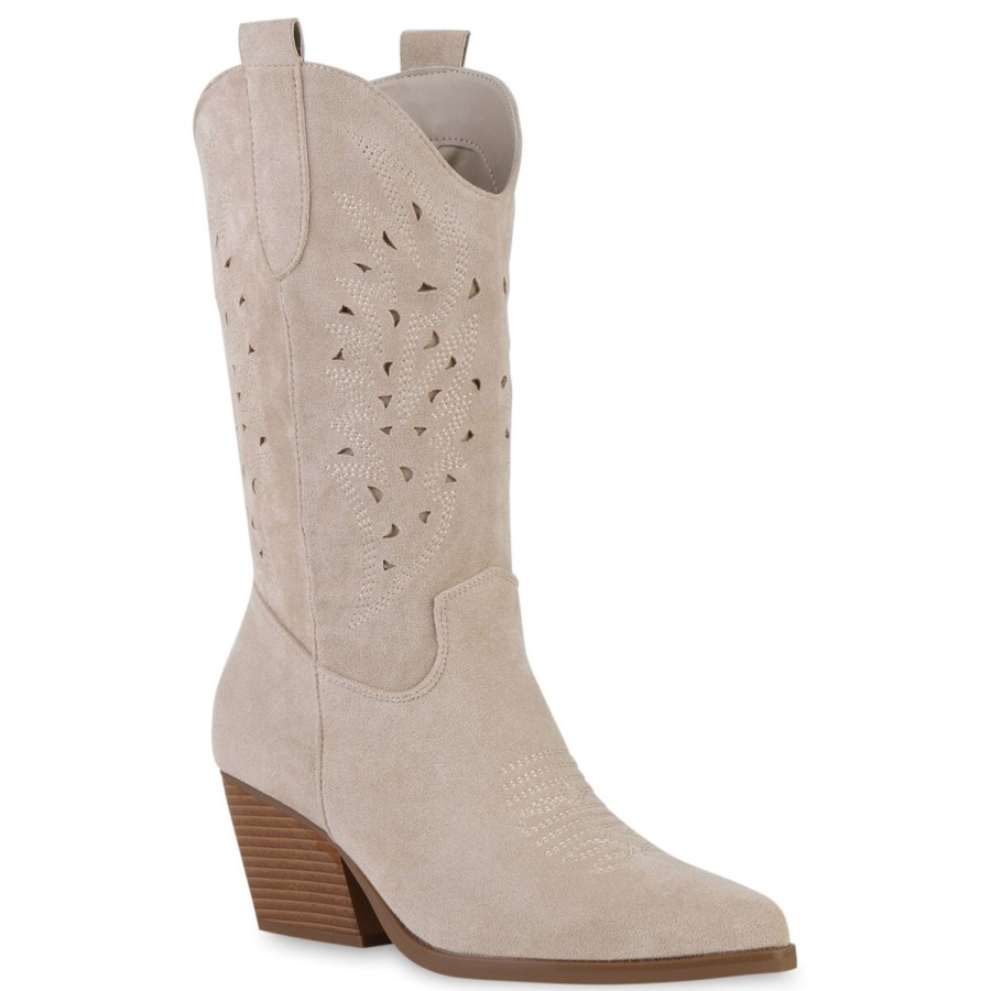 Damenschuhe Stiefelparadies | Damen Cowboystiefel In Beige Velours