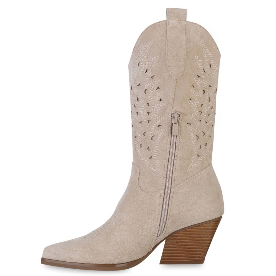 Damenschuhe Stiefelparadies | Damen Cowboystiefel In Beige Velours