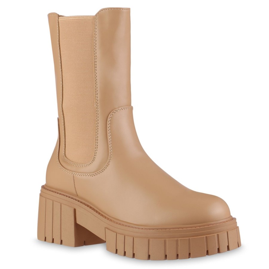 Damenschuhe Stiefelparadies | Damen Plateaustiefel In Tan