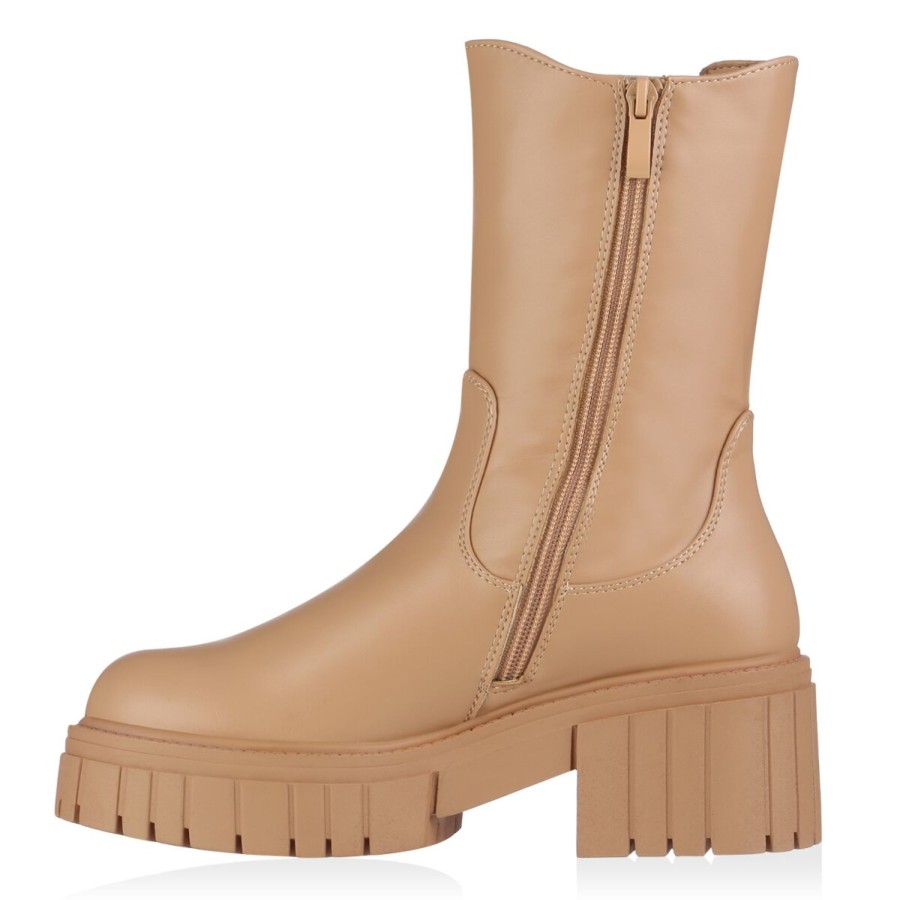 Damenschuhe Stiefelparadies | Damen Plateaustiefel In Tan