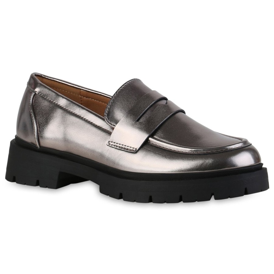 Damenschuhe Stiefelparadies | Damen Plateauschuhe In Grau Metallic