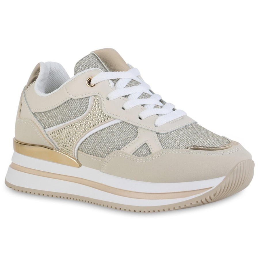 Damenschuhe Stiefelparadies | Damen Plateau Sneaker In Beige Gold Metallic